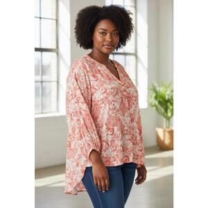 Grand & Greene Floral Peasant Blouse 2X Coral Boho Lightweight Fall 3/4 Sleeves